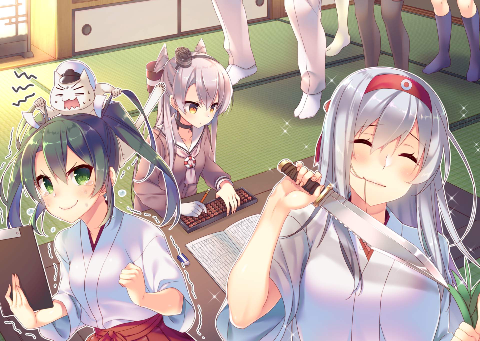 HD anime wallpaper featuring Amatsukaze, Zuikaku, and Shoukaku from Kantai Collection, with a knife and playful expressions in a cozy room setting.