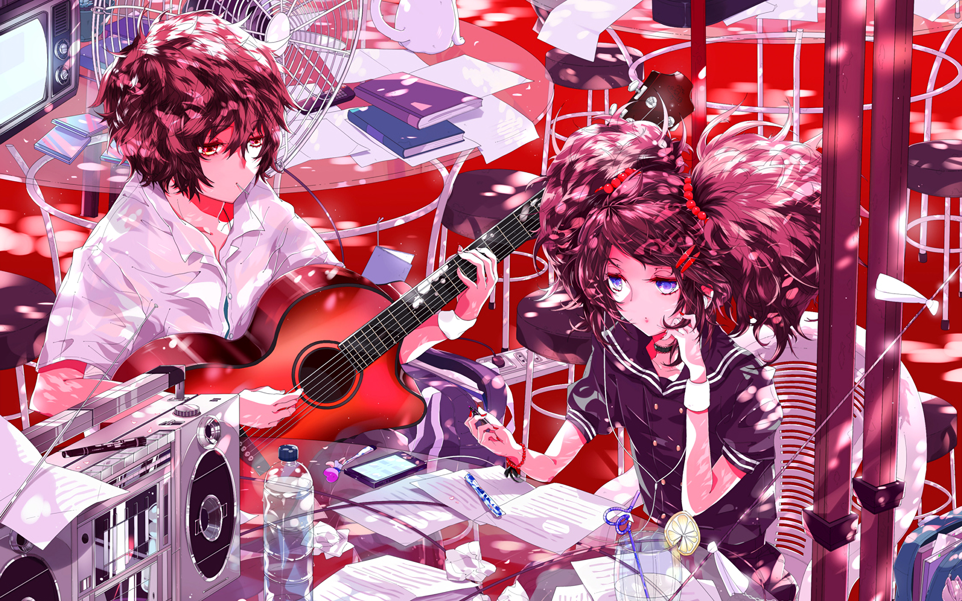 HD PC desktop wallpaper/background: anime music scene of two characters in a red-lit room, one playing an acoustic guitar amid headphones, scattered papers and audio gear.