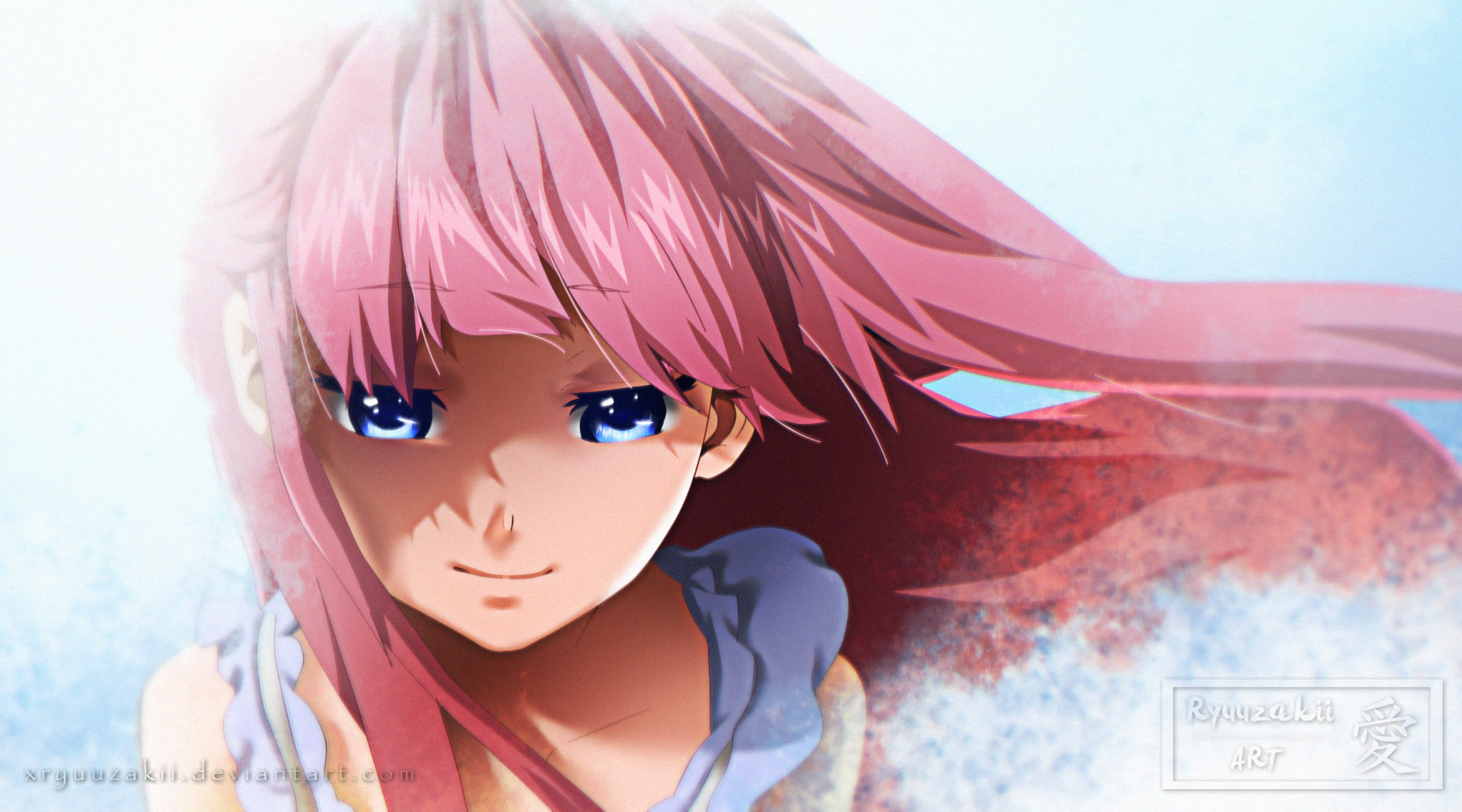 A vibrant HD anime background featuring Rin from Shelter, with flowing pink hair and a serene expression, capturing the essence of emotion and beauty in a digital landscape.