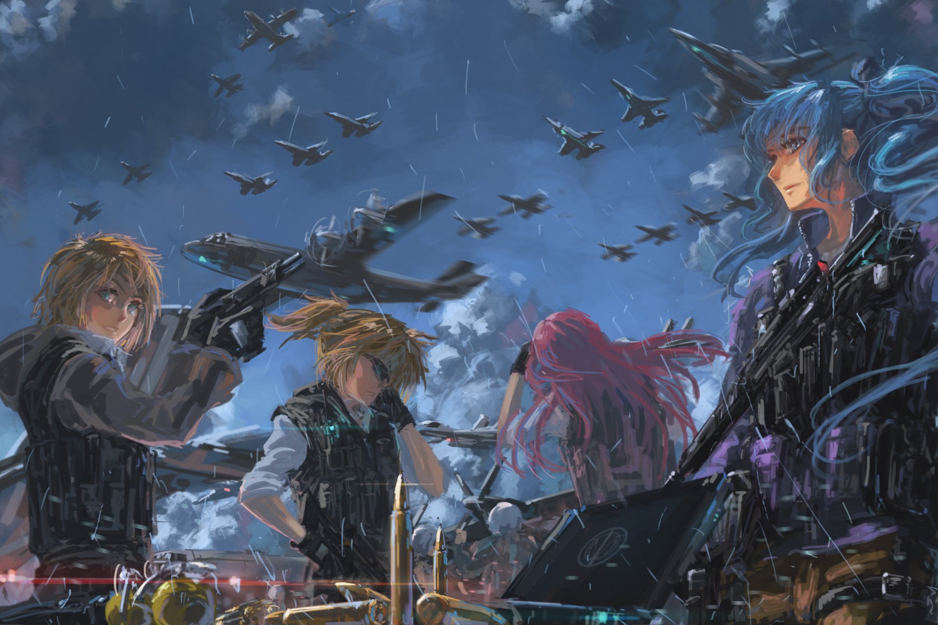 HD anime-style PC wallpaper featuring Vocaloid characters Luka Megurine, Len Kagamine, Rin Kagamine, and Hatsune Miku with a dramatic sky and flying aircraft.