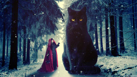 A giant black cat and a red riding hood figure stand in a snowy, enchanted forest, creating a fantasy winter scene with gentle snowfall.