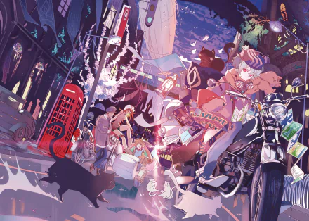 HD anime original artwork featuring a vibrant, dynamic city scene with multiple characters and glowing elements, designed as a PC desktop wallpaper and background.