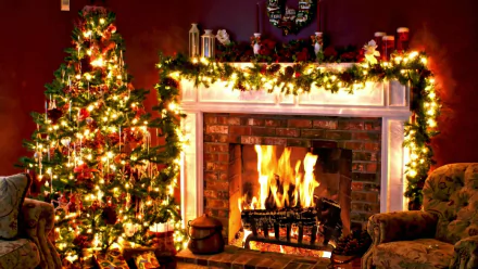 Cozy holiday scene featuring a glowing fireplace and a decorated Christmas tree, captured in HD as a festive Christmas desktop wallpaper and background.