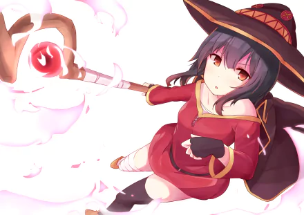 A vibrant HD wallpaper featuring Megumin from KonoSuba, she is casting a spell with a large staff, showcasing her signature witch attire and playful expression.