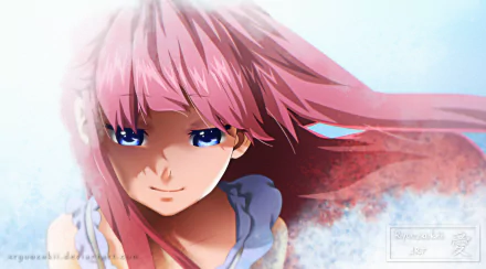 A vibrant HD anime background featuring Rin from Shelter, with flowing pink hair and a serene expression, capturing the essence of emotion and beauty in a digital landscape.