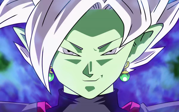 Zamasu from Dragon Ball Super, with a confident expression against a vibrant blue and purple background. This HD desktop wallpaper showcases the character's distinct green skin and silver hair.