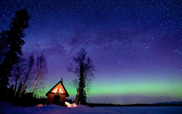 Man Made Cabin Winter Night Starry Sky Sky Tree Aurora Borealis HD Wallpaper | Background Image