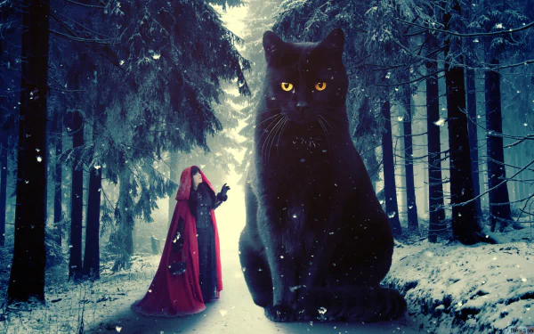 A giant black cat and a red riding hood figure stand in a snowy, enchanted forest, creating a fantasy winter scene with gentle snowfall.