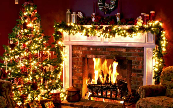Cozy holiday scene featuring a glowing fireplace and a decorated Christmas tree, captured in HD as a festive Christmas desktop wallpaper and background.