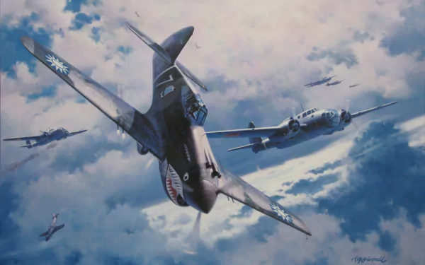 HD desktop wallpaper depicting a Curtiss P-40 Warhawk warplane flying amidst military aircraft against a dramatic cloudy sky.