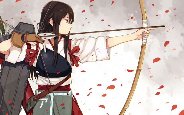 An HD desktop wallpaper featuring Akagi from Kancolle, poised with an arrow and bow amidst falling petals, capturing a dynamic anime aesthetic from Kantai Collection.