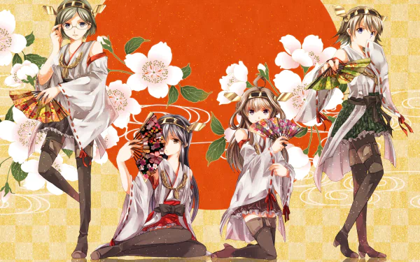 HD PC desktop wallpaper/background featuring Kantai Collection's Haruna, Kirishima, Hiei, and Kongou in white-and-red kimono, holding fans before a red sun and cherry-blossom patterned gold backdrop.