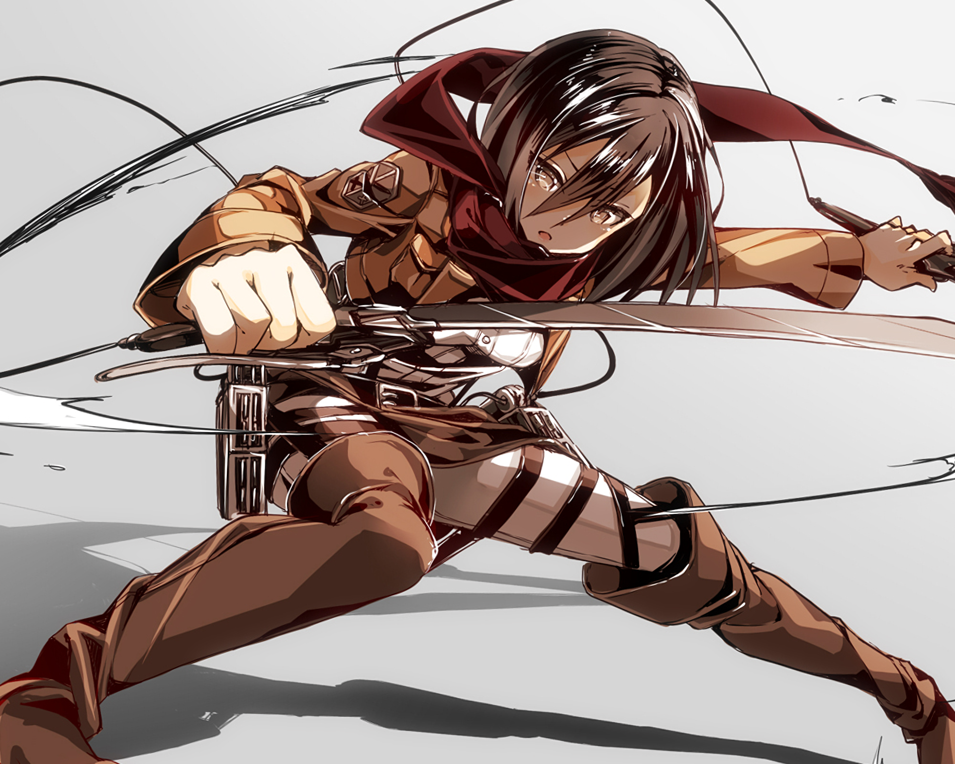 Mikasa Ackerman from Attack on Titan is depicted in an action pose, armed and ready for battle, in this HD anime wallpaper. The vibrant colors and dynamic composition enhance the intensity.
