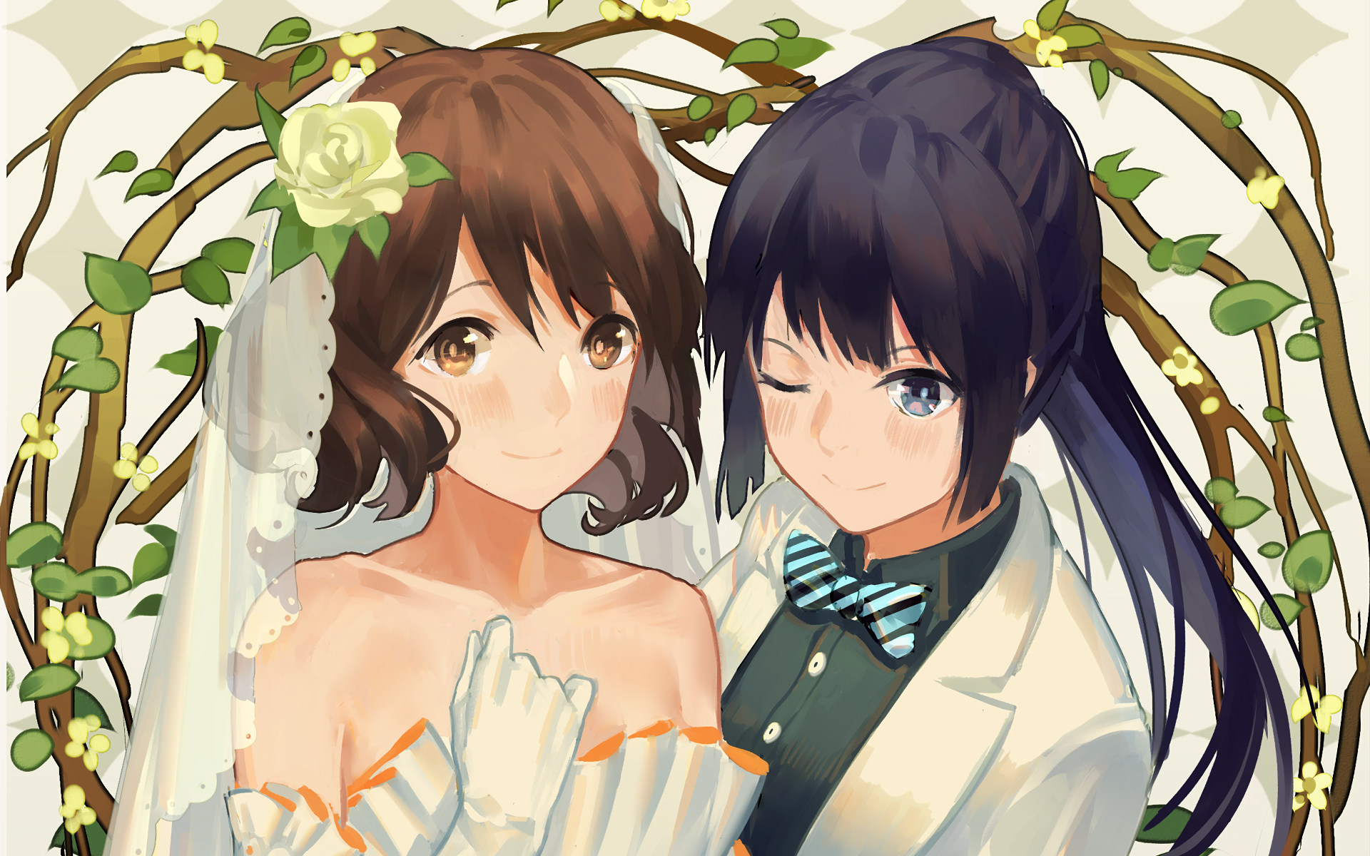 HD PC desktop wallpaper featuring two female characters from the anime Sound! Euphonium, one in a white dress with a flower and the other in a suit with a bow tie, framed by vines.