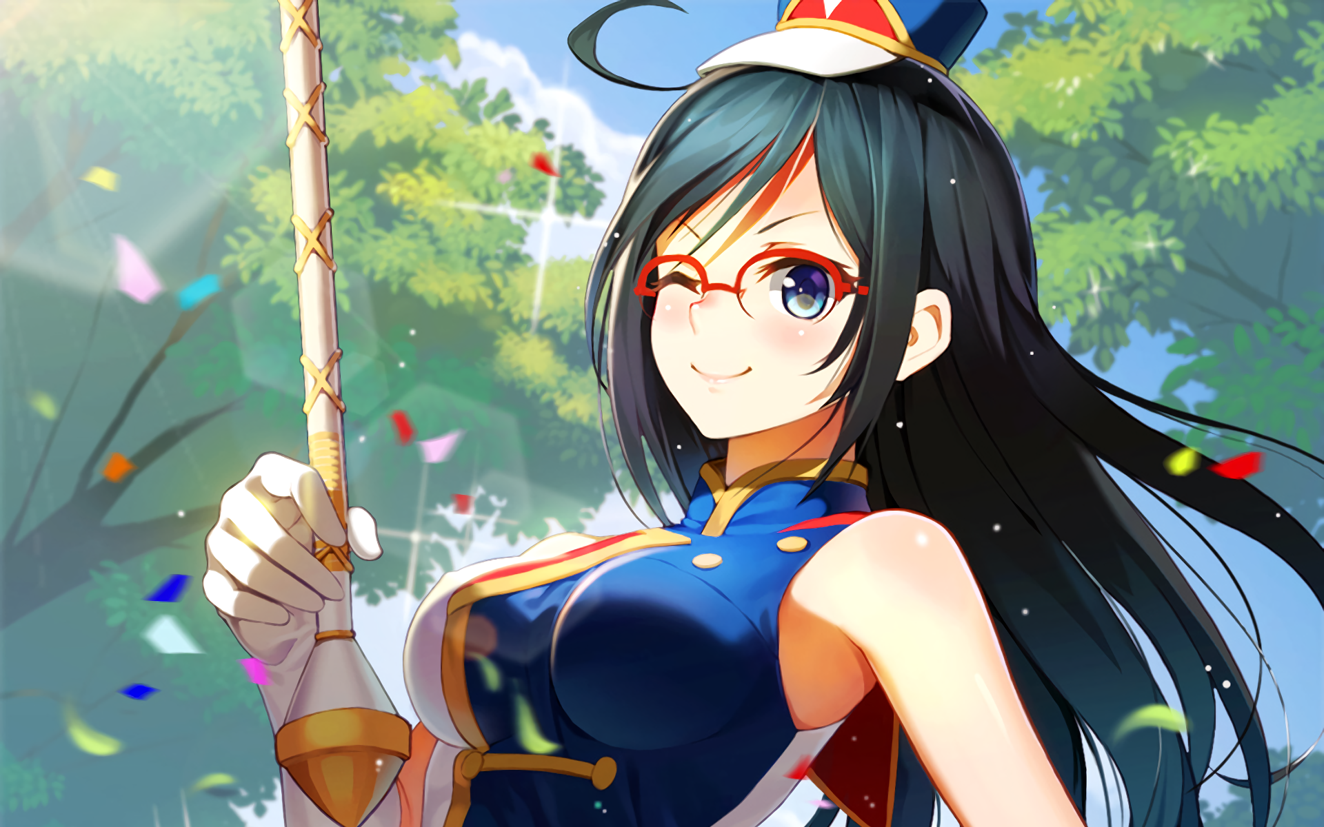 HD anime desktop wallpaper featuring a cheerful, winking character from Sound! Euphonium in a vibrant outdoor setting with confetti and greenery.