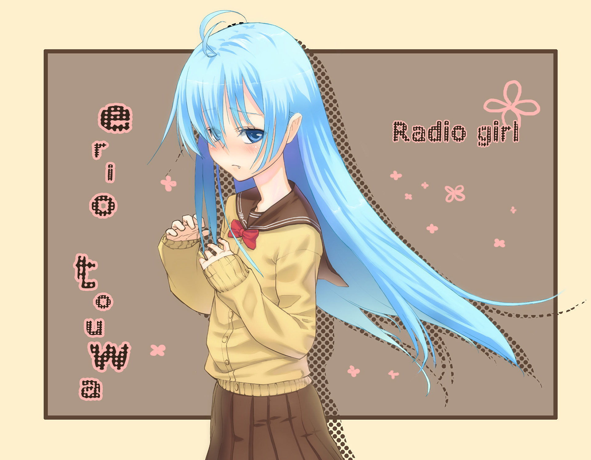 Erio Touwa (Denpa Onna to Seishun Otoko) — blue‑haired anime girl in a school uniform clutching a blanket on a pastel HD PC desktop wallpaper/background, with Radio girl text.