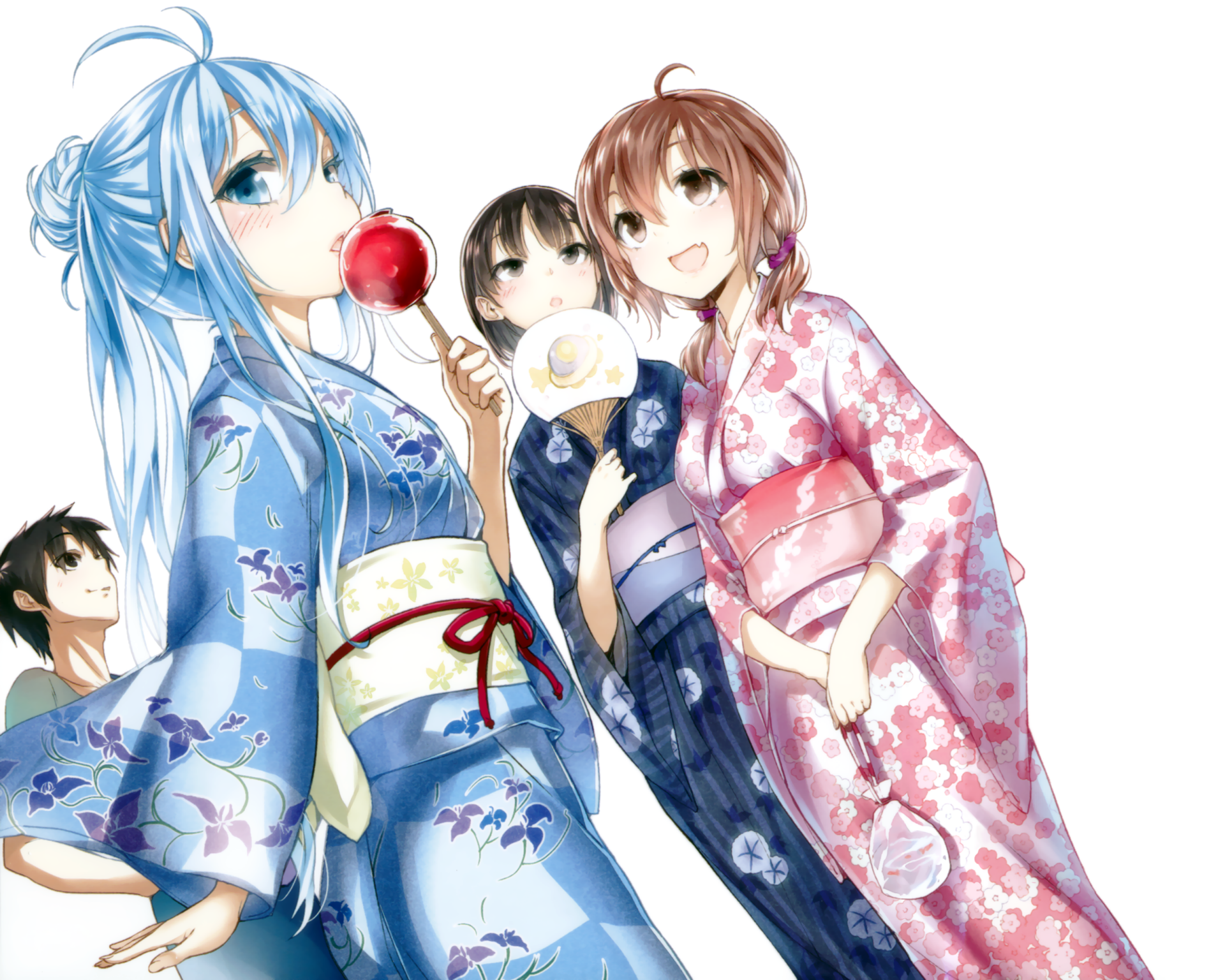 HD anime desktop wallpaper featuring characters from Denpa Onna to Seishun Otoko in colorful yukatas enjoying a summer festival scene.