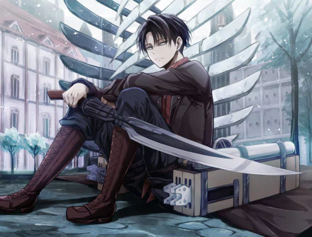 Anime HD wallpaper featuring Levi Ackerman from Attack on Titan. Levi, with blue eyes and black hair, is sitting with a large sword, set against a detailed cityscape background.