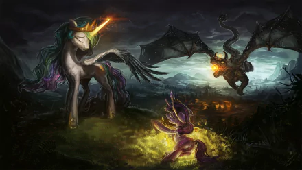 HD desktop wallpaper featuring Princess Celestia and Twilight Sparkle facing a fiery dragon from My Little Pony: Friendship Is Magic in a dark, dramatic scene.