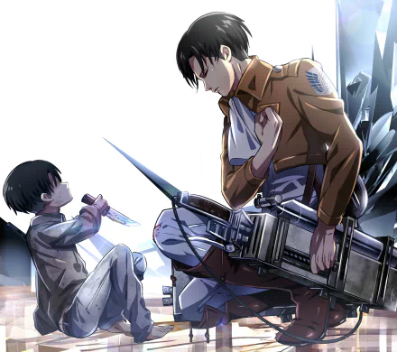HD desktop wallpaper featuring Levi Ackerman from Attack on Titan, depicted crouching down in a detailed anime scene with another character holding a knife.
