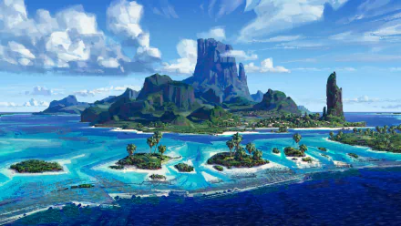 HD desktop wallpaper and background featuring a vibrant island scene inspired by the movie Moana. The image shows a lush, mountainous island surrounded by turquoise waters and smaller islets under a blue sky.