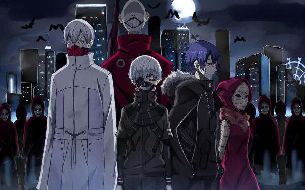 HD desktop wallpaper of Tokyo Ghoul, featuring main characters in dynamic poses against a cityscape night background with a full moon and bats.