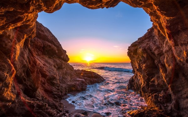Earth Cave Caves Ocean Sea Sun Sunset Horizon HD Wallpaper | Background Image