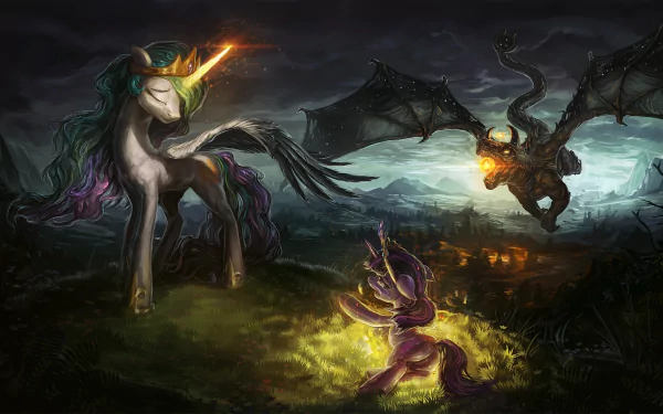 HD desktop wallpaper featuring Princess Celestia and Twilight Sparkle facing a fiery dragon from My Little Pony: Friendship Is Magic in a dark, dramatic scene.