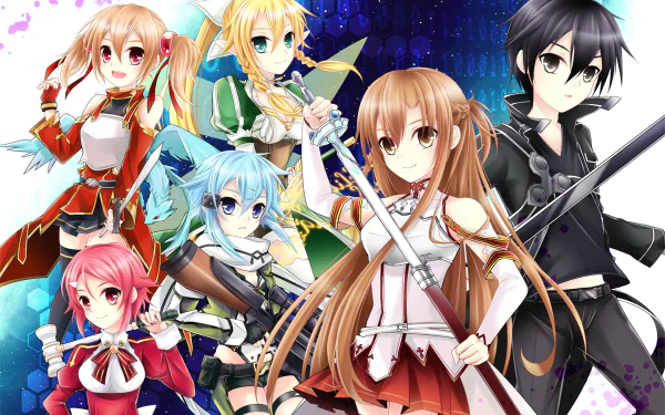 HD anime desktop wallpaper featuring Sword Art Online II characters including Kirito, Asuna, Leafa, Silica, Lisbeth, Suguha, Shino Asada, and Rika Shinozaki.