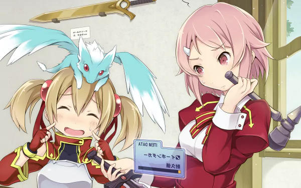 A vibrant HD wallpaper featuring characters from Sword Art Online: Pina, Rika Shinozaki, Lisbeth, and Silica, showcasing their playful interactions in a colorful anime setting.
