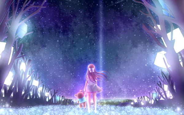 HD desktop wallpaper featuring anime character Rin from Shelter, standing in a glowing, whimsical forest under a starry sky. The enchanting scene is bathed in ethereal light and dreamy ambiance.