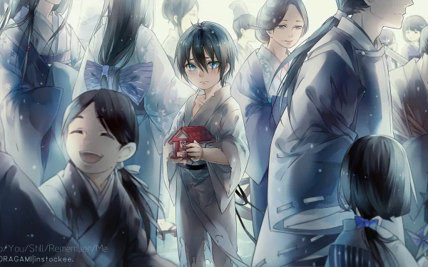 A captivating HD wallpaper featuring Yato from Noragami, set in a serene, snowy scene with figures in traditional attire, capturing the emotional essence of the anime.
