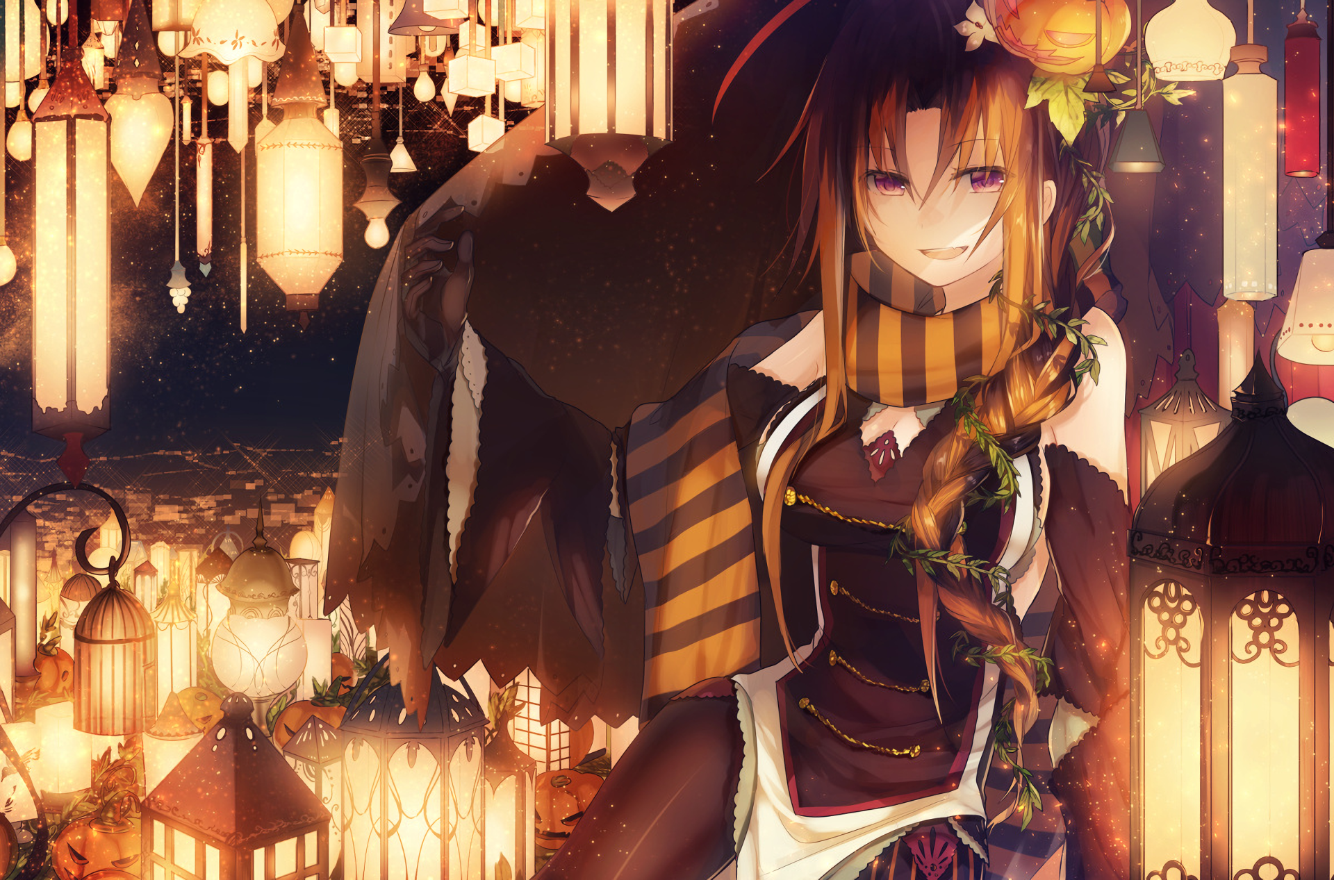 A captivating HD desktop wallpaper featuring an original anime character in a Halloween setting, surrounded by glowing lanterns and pumpkins, radiating a festive and mysterious atmosphere.