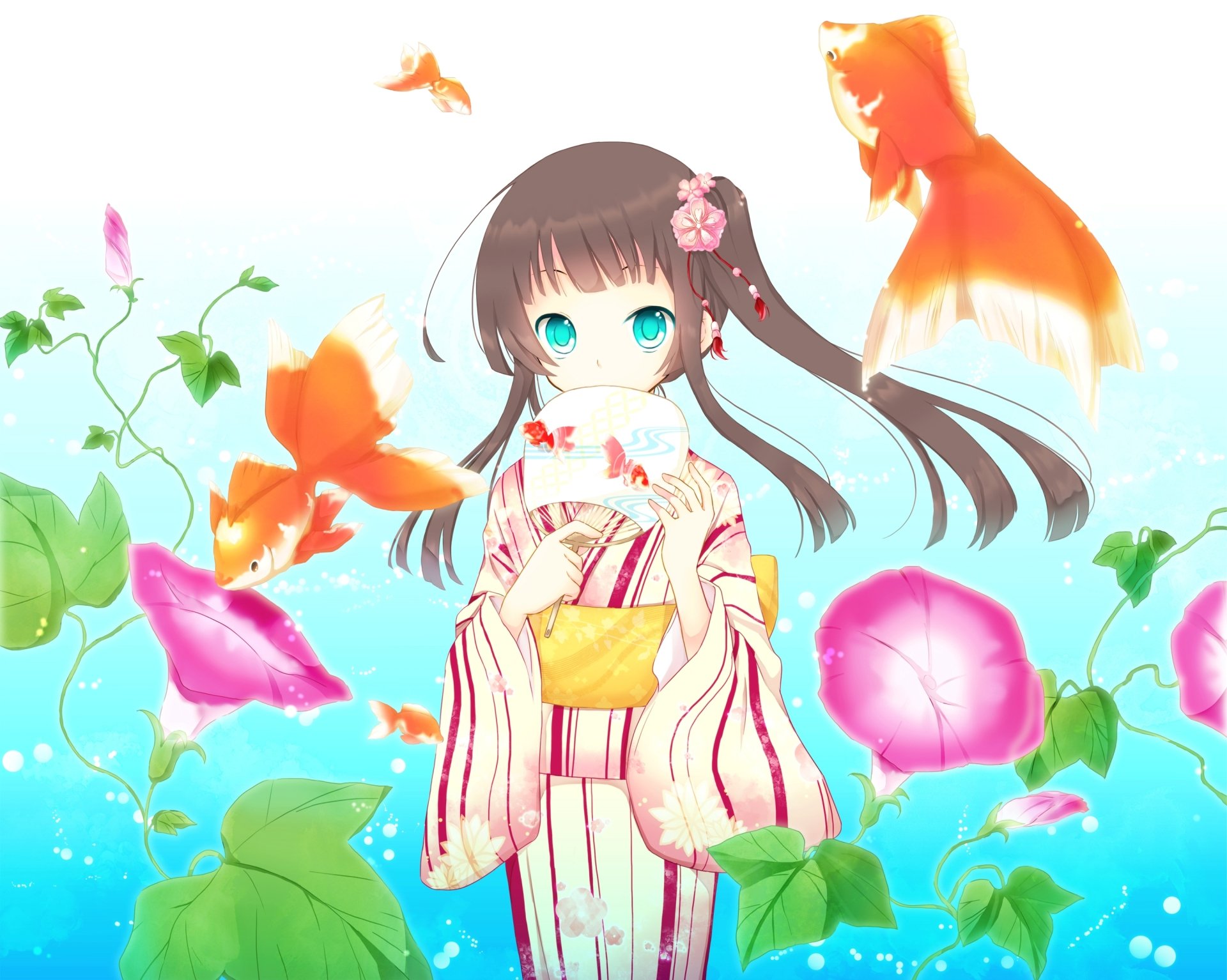 Anime-style geisha girl in a traditional kimono with flowing hair, surrounded by vibrant flowers and goldfish, set against a bright blue sky in an HD PC desktop wallpaper.