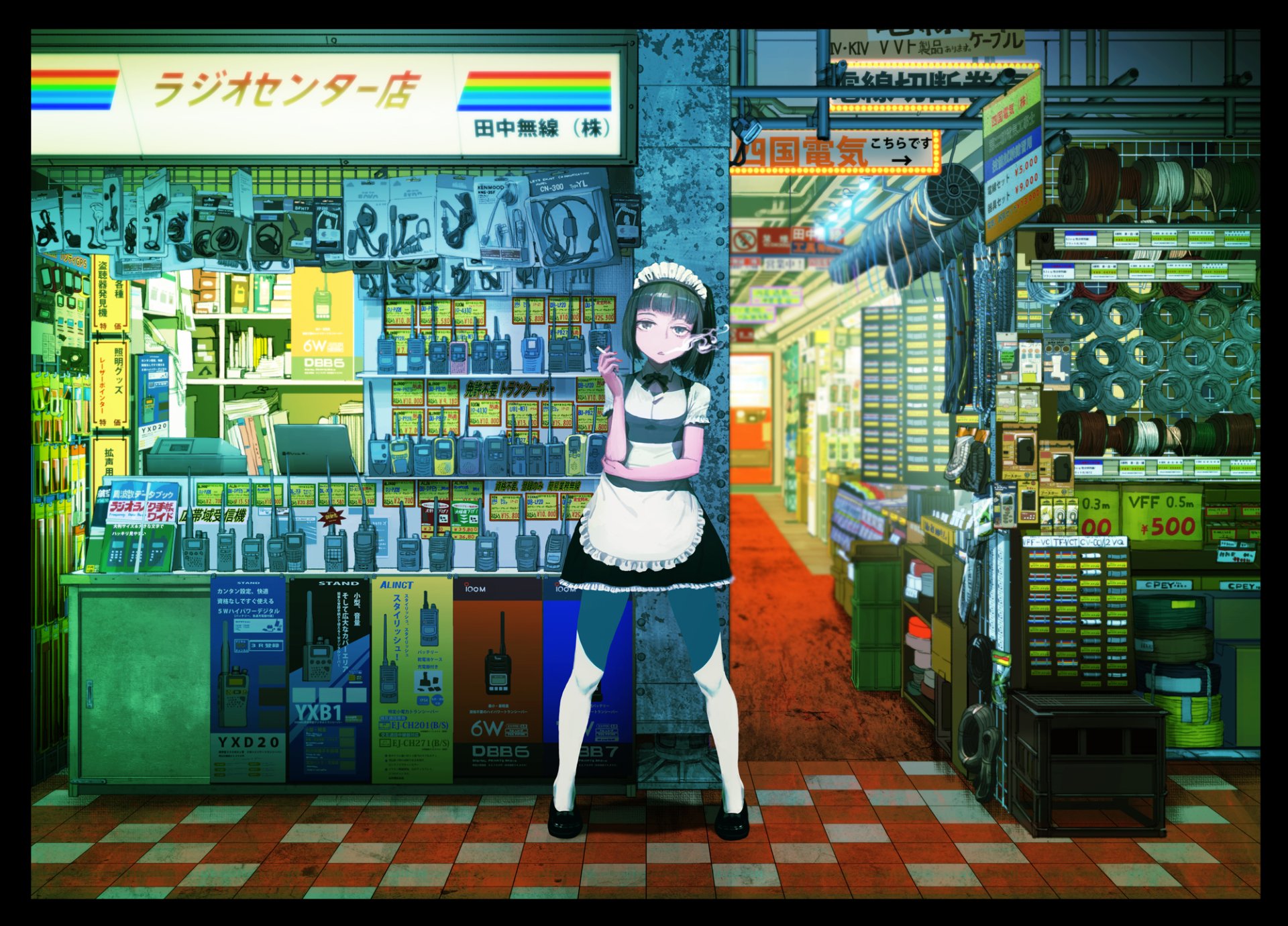 HD anime desktop wallpaper featuring a maid standing in front of a detailed, colorful electronics shop interior with various gadgets and components on display.