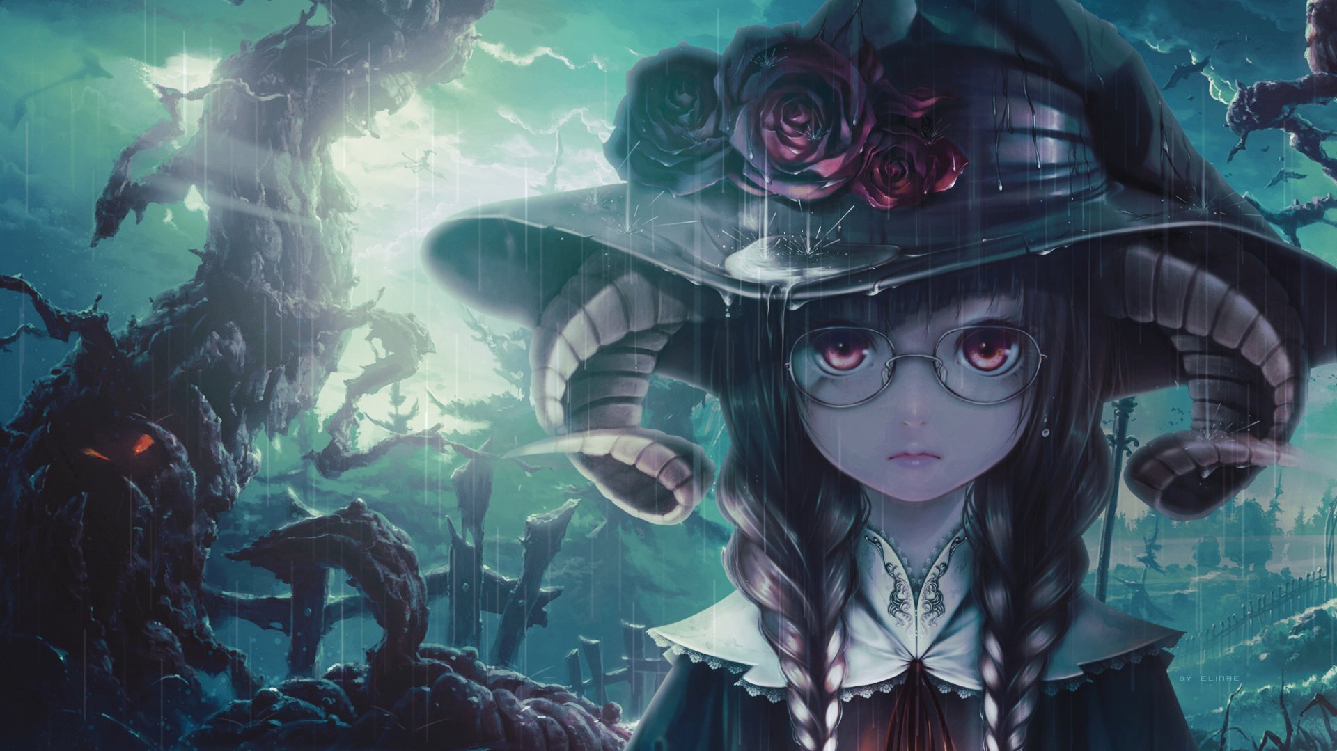 HD anime desktop wallpaper featuring a girl with braided hair, glasses, and a horned helmet adorned with roses, set against a dark, mystical background.