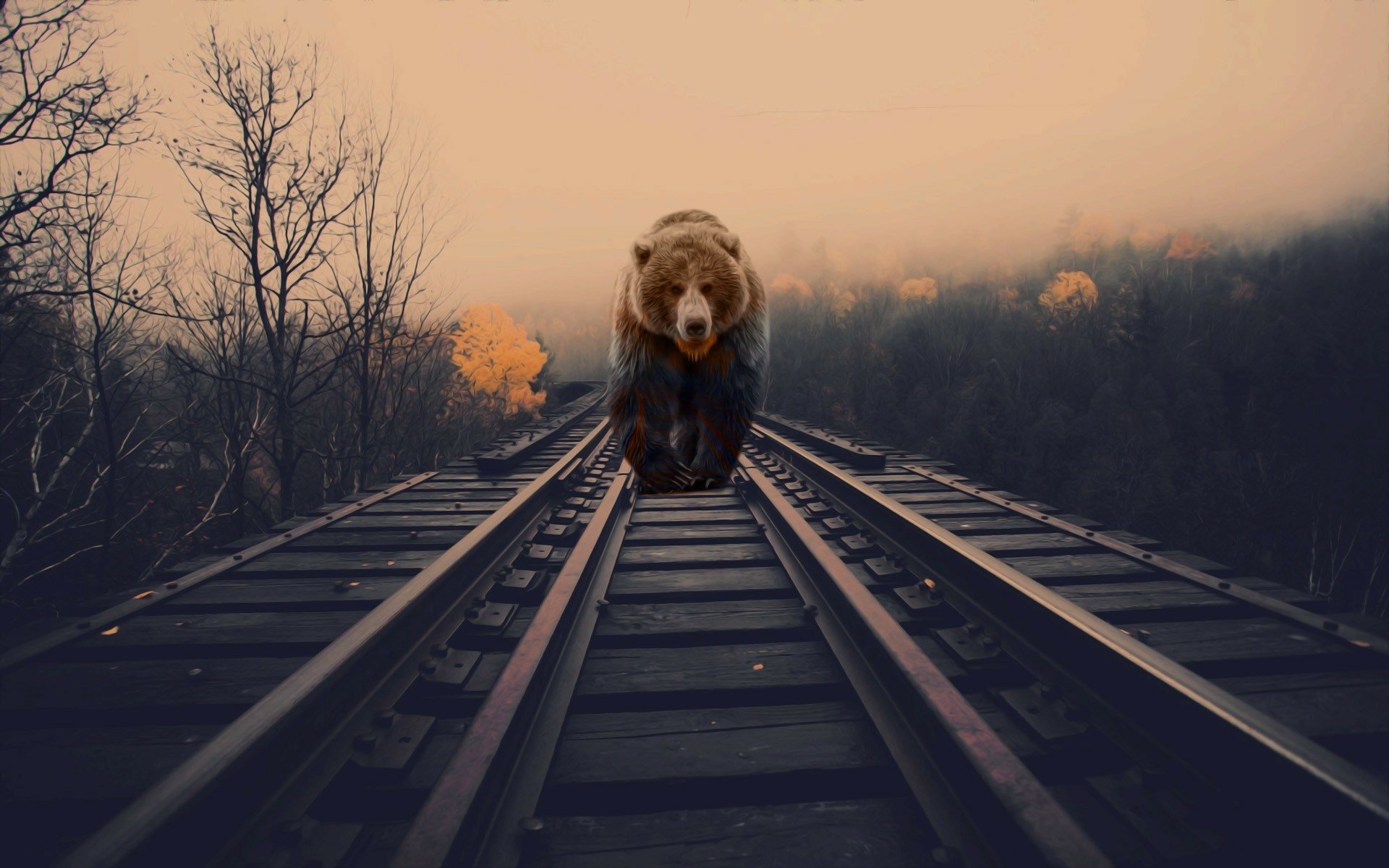 HD wallpaper featuring a digitally manipulated scene of a bear on a railroad amidst a misty forest backdrop.