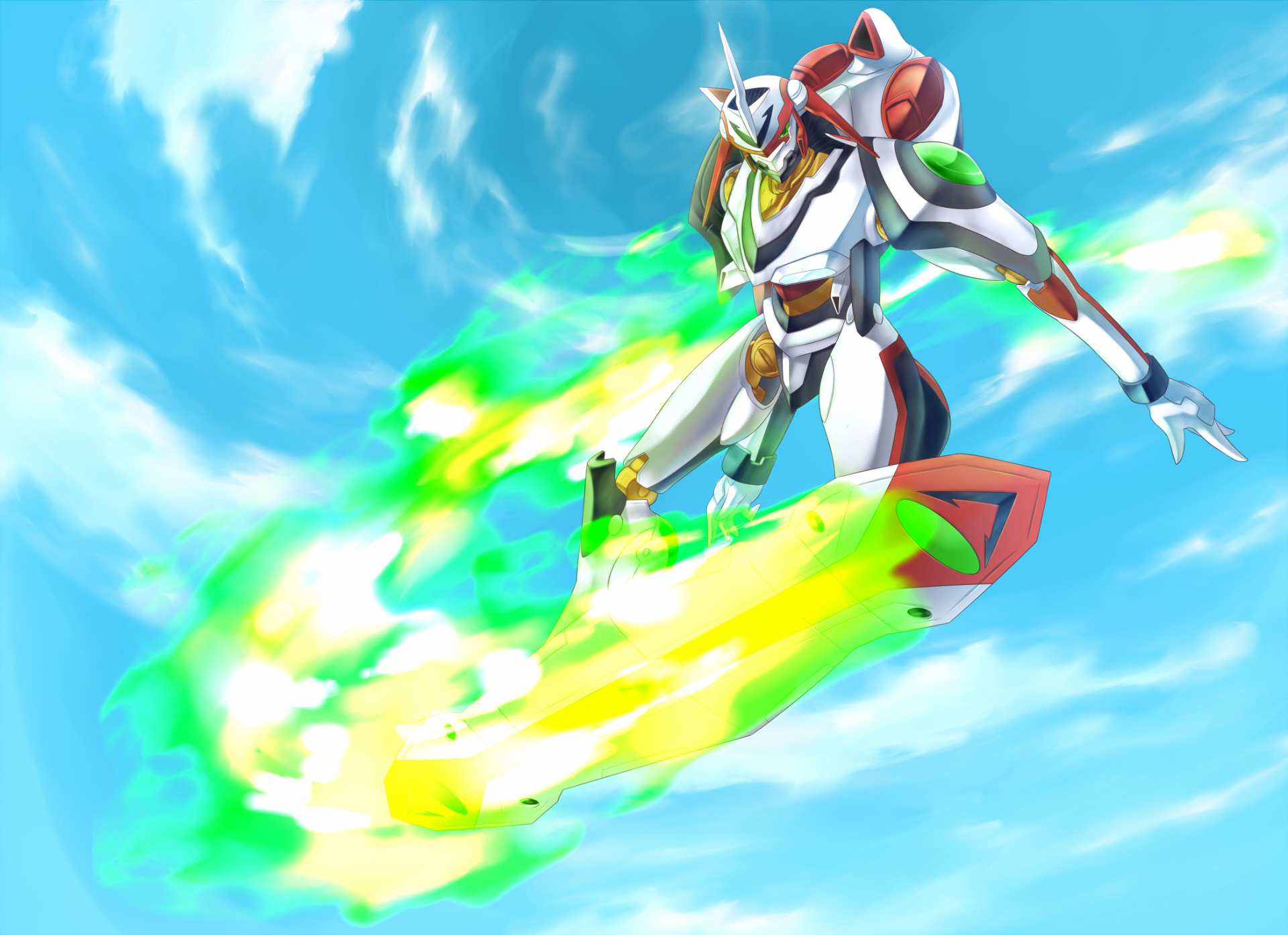 Anime — Eureka Seven HD desktop wallpaper: white-and-green LFO (Nirvash) surfing the sky on a red board, leaving a vivid green-yellow energy trail against bright blue clouds.