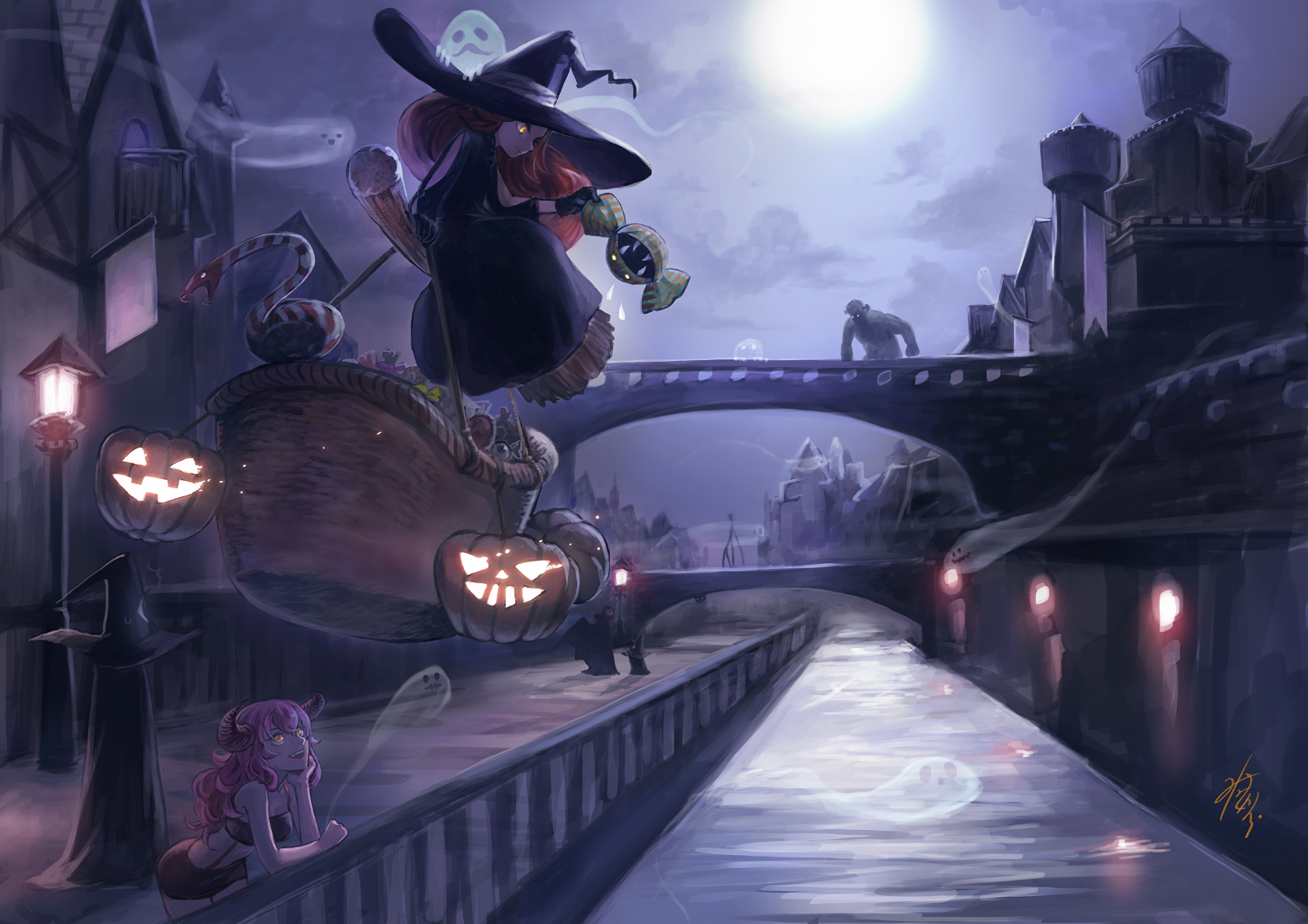 Anime-style Halloween HD desktop wallpaper featuring a witch hat, glowing pumpkins, and a spooky nighttime scene with shadowy figures under a full moon.