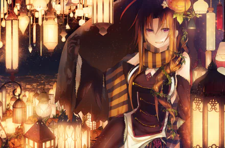 A captivating HD desktop wallpaper featuring an original anime character in a Halloween setting, surrounded by glowing lanterns and pumpkins, radiating a festive and mysterious atmosphere.