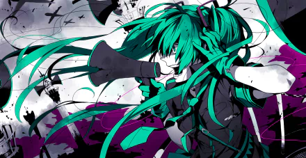 Vivid HD PC desktop wallpaper of Hatsune Miku from Vocaloid performing Love is War: teal‑haired anime singer with flowing twin‑tails, megaphone, and bold black, white, purple background.