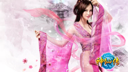 A woman in vibrant pink cosplay inspired by the fantasy world of Jade Dynasty, posing gracefully with flowing ribbons against a whimsical backdrop. High-definition desktop wallpaper.