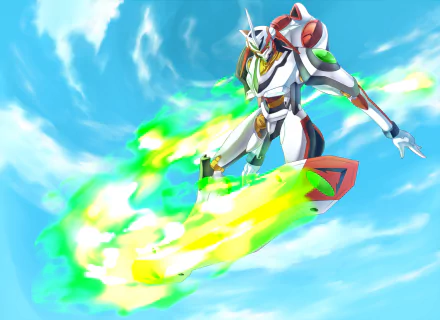 Anime — Eureka Seven HD desktop wallpaper: white-and-green LFO (Nirvash) surfing the sky on a red board, leaving a vivid green-yellow energy trail against bright blue clouds.