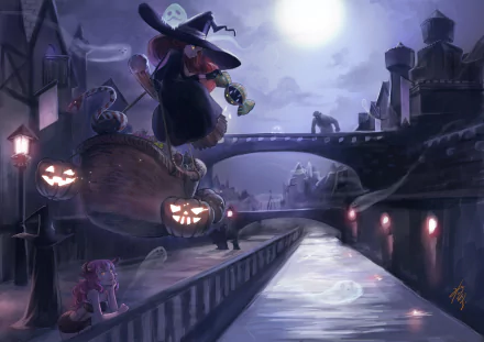 witch hat pumpkin halloween Anime Original anime halloween HD Desktop Wallpaper | Background Image