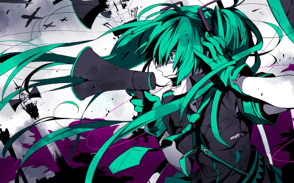 Vivid HD PC desktop wallpaper of Hatsune Miku from Vocaloid performing Love is War: teal‑haired anime singer with flowing twin‑tails, megaphone, and bold black, white, purple background.