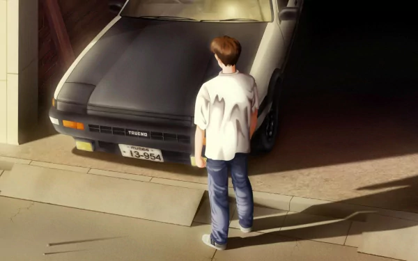 Takumi Fujiwara stands facing his iconic Toyota AE86 Trueno in a detailed anime scene from Initial D Final Stage, captured as an HD desktop wallpaper.