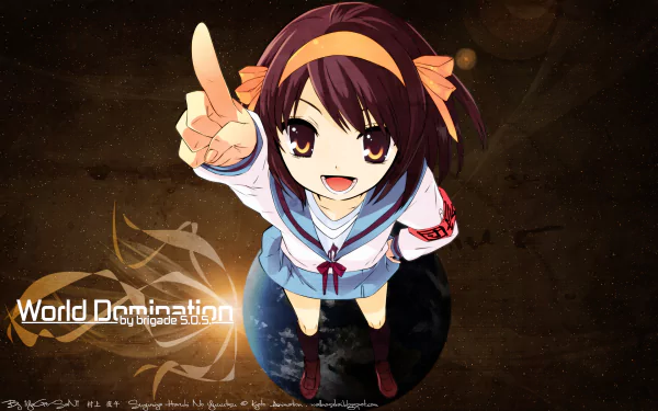 HD PC desktop wallpaper from the anime The Melancholy of Haruhi Suzumiya: Haruhi pointing upward, smiling over a stylized globe on a dark, textured background.