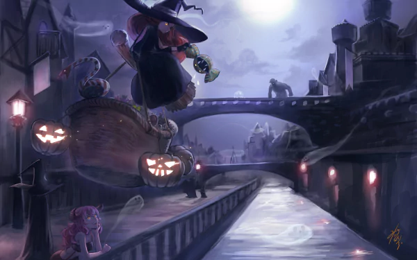 Anime-style Halloween HD desktop wallpaper featuring a witch hat, glowing pumpkins, and a spooky nighttime scene with shadowy figures under a full moon.