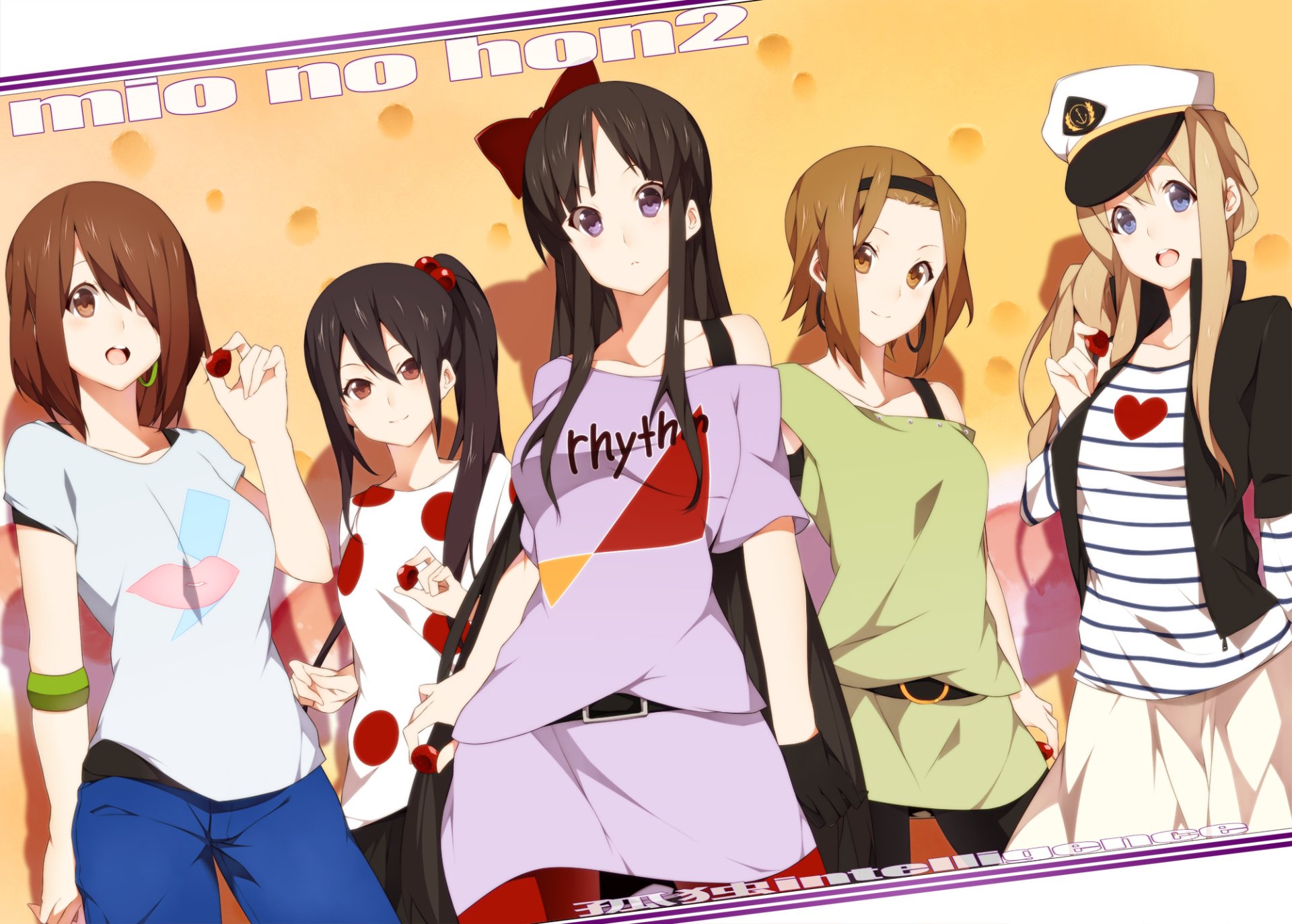 HD PC desktop wallpaper featuring Tsumugi Kotobuki, Ritsu Tainaka, Mio Akiyama, Azusa Nakano, and Yui Hirasawa from the anime K-ON! in casual outfits.