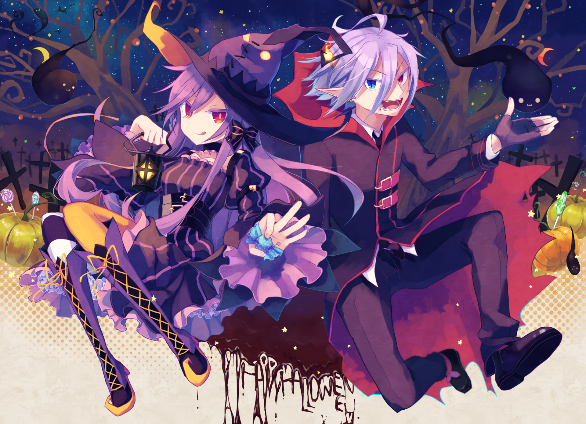 Anime-style Halloween HD desktop wallpaper featuring two characters in witch hats surrounded by glowing pumpkins and festive autumn decorations.
